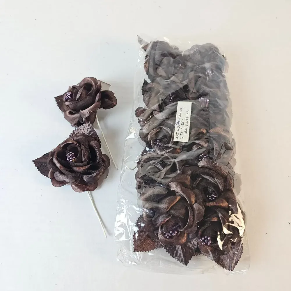 14 Chocolate Brown Silk Rose Picks 2.5in Artificial Flowers Wedding Floral Craft
